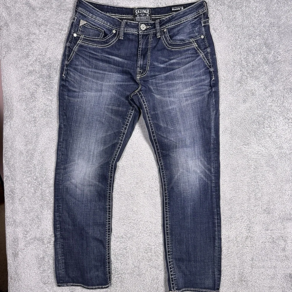 Salvage Jeans Mens 36R Mayhem Regular Straight Denim Whisker Thick Stitch 23-460